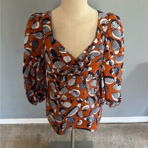 Anthropologie Eva Franco Bird Print Sweetheart Tie Front Blouse with Puff Sleeve
